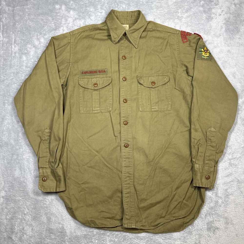 Vintage Boy Scouts Uniform Shirt Men Small Green Patched Michigan Distressed 40s